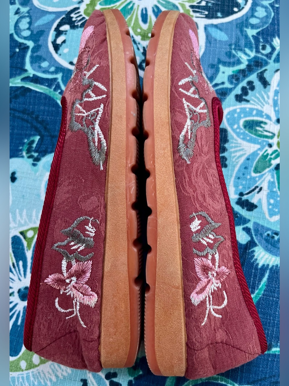 Women's Burgundy Embroidered Slip-On Flats from Thailand